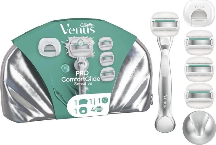 Gillette Venus Pro Comfortglide Sensitive Set Rasierer + 4 Wechselklingen + Duschhalterung + Tasche