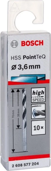 Bosch Professional HSS PointTeQ Spiralbohrer, 3.6x39x70mm, 10 Stück
