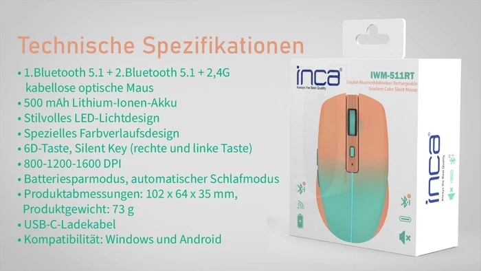 Inca IWM-511RT Wireless Mouse orange/blau, USB/Bluetooth