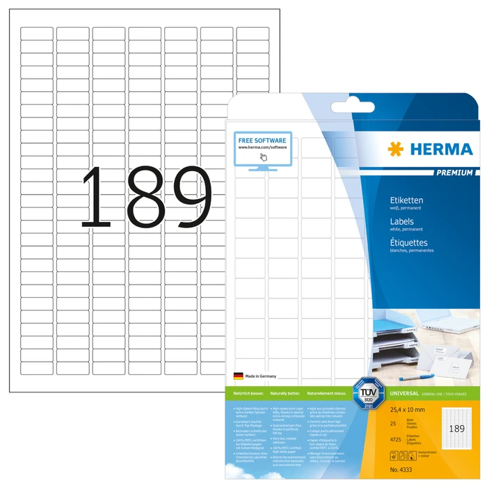 Herma Etiketten Premium, 25.4x10mm, weiß, matt, 25 Blatt (4725 Etiketten)