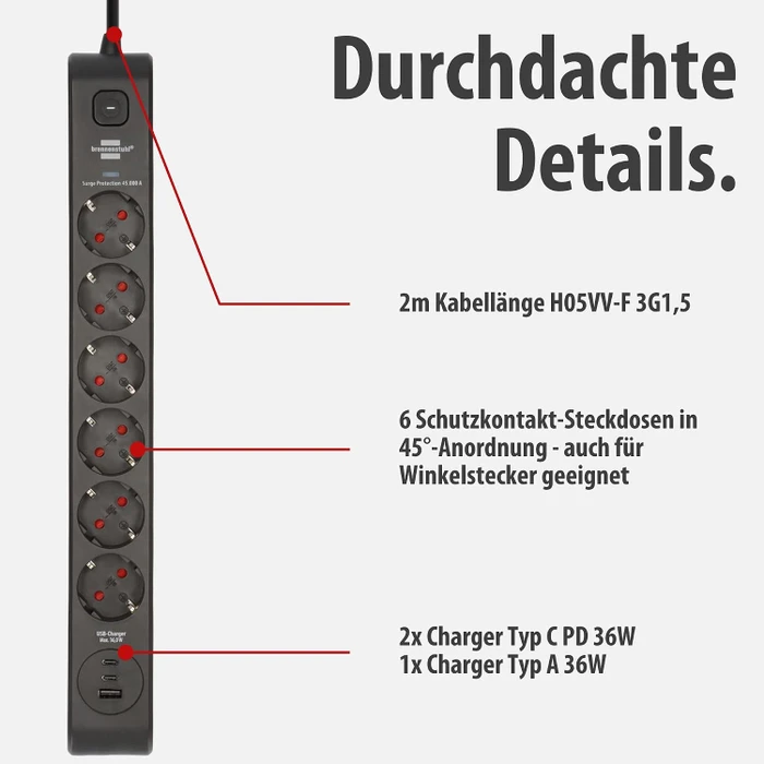 Brennenstuhl Überspannungsschutz-Steckdosenleiste, 6-fach, 1x USB-A/2x USB-C USB-PD, 2m, schwarz