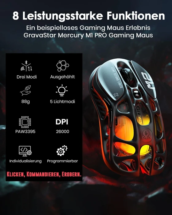 GravaStar Mercury M2 Wireless Gaming Mouse, Stealth Black, USB/Bluetooth