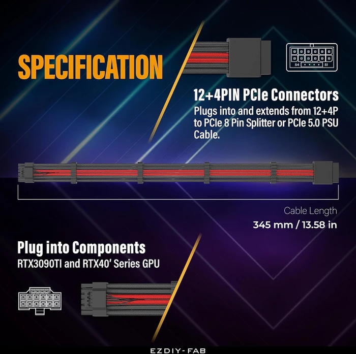 EZDIY-FAB 12VHPWR Kabel, 16-Pin PCIe Verlängerungskabel, 16-Pin PCIe 5.0 12VHPWR Buchse auf 16-Pin PCIe 5.0 12VHPWR Stecker, 16AWG, schwarz/rot, 30cm