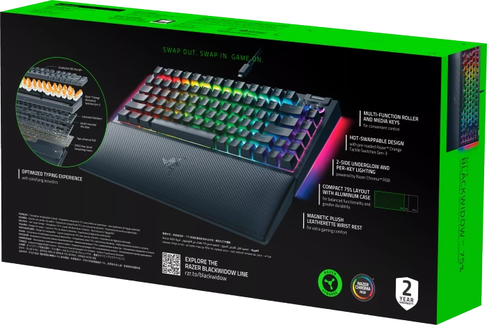 Razer BlackWidow V4 75%, hot-swap, Razer ORANGE Tactile Gen-3, USB, US