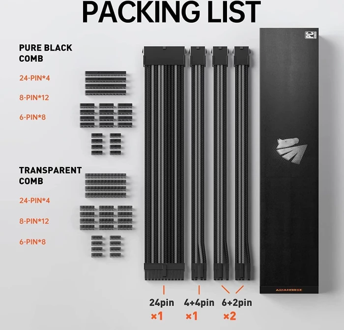 AsiaHorse GPU/CPU Cable Extension Kit, 1x 24-Pin, 1x 4/8-Pin ATX, 2x 8-Pin PCIe, 16AWG, schwarz/grau, 30cm