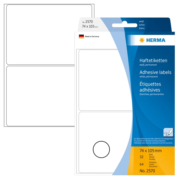 Herma Vielzwecketiketten, 74x105mm, weiß, 32 Blatt (64 Etiketten)