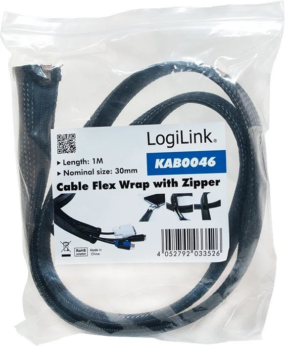 LogiLink Flexibler Kabelschutz Kabelmanagement mit Reißverschluss, 20mm, 1m, schwarz