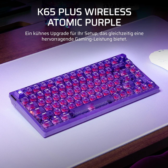 Corsair Gaming K65 Plus Wireless 75% RGB, Atomic Purple, MLX RED V2, USB/Bluetooth, DE