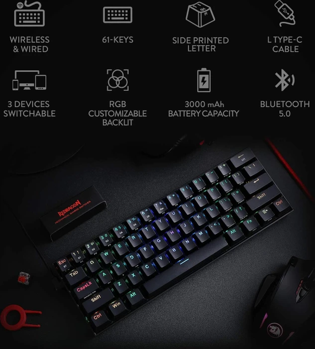 Redragon K530 Pro Draconic, LEDs RGB, hot-swap, schwarz, Gaote Outemu BROWN, USB/Bluetooth, US