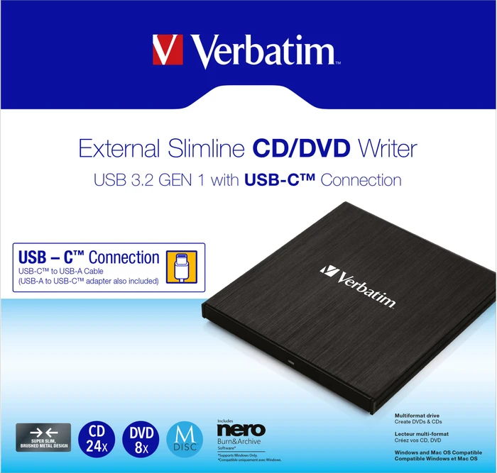 Verbatim Externer CD/DVD-Brenner, SlimLine, USB-C 3.0
