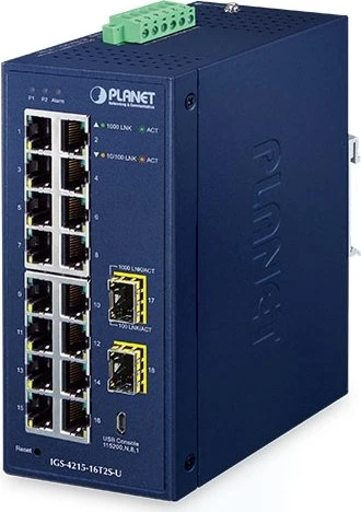 Planet IGS-4215 Industrial Railmount Gigabit Managed Switch, 16x RJ-45, 2x SFP