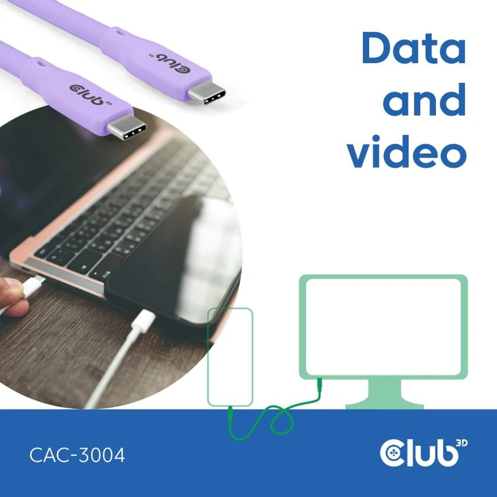 Club 3D USB4 Kabel, 20Gb/s, 240W PD EPR, USB-C Stecker auf USB-C Stecker, 2m, lila
