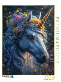 Calvendo Magischer Abendzauber: Ein weißes Einhorn im Blumenkranz unter dem Sternenhimmel