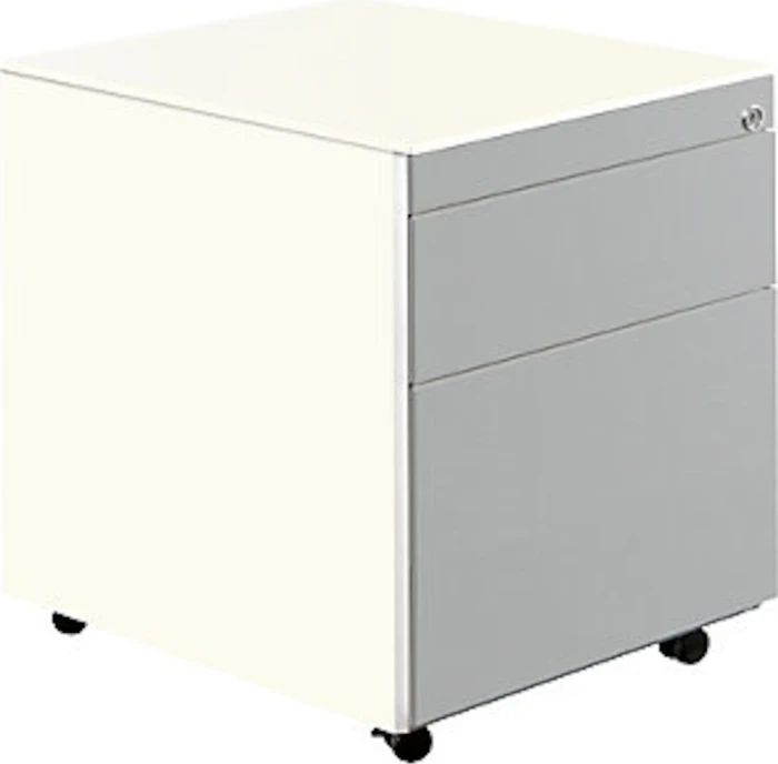 mauser Rollcontainer line, 1x Utensilienauszug, 1x Materialschublade, 1x Hängeregistratur, reinweiß/weißaluminium