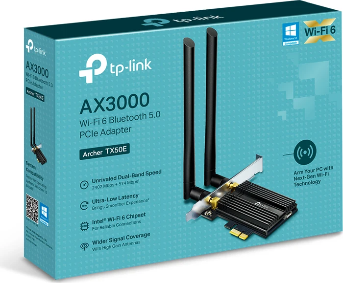 TP-Link AX3000, 2.4GHz/5GHz WLAN, Bluetooth 5.0 LE, PCIe x1