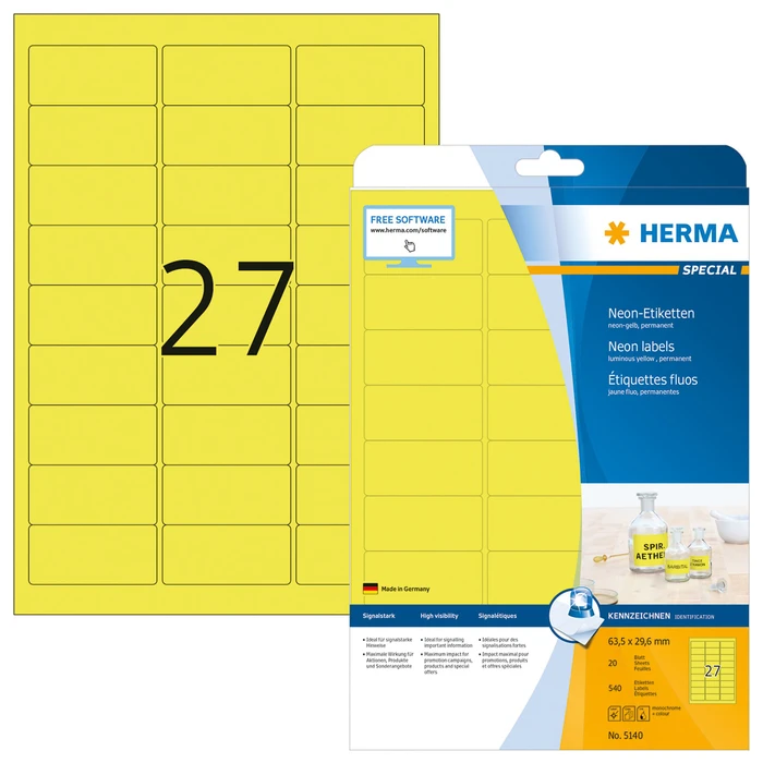 Herma Neonetiketten, 63.5x29.6mm, gelb, matt, 20 Blatt (540 Etiketten)