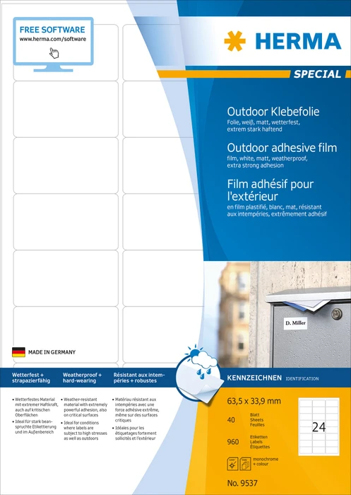 Herma Etiketten Outdoor, 63.5x33.9mm, wetterfest, weiß, matt, 40 Blatt (960 Etiketten)