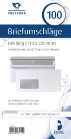 Bong Posthorn Briefumschlag mit Fenster lang weiß, 110x220mm, 75g/m², 100er-Pack