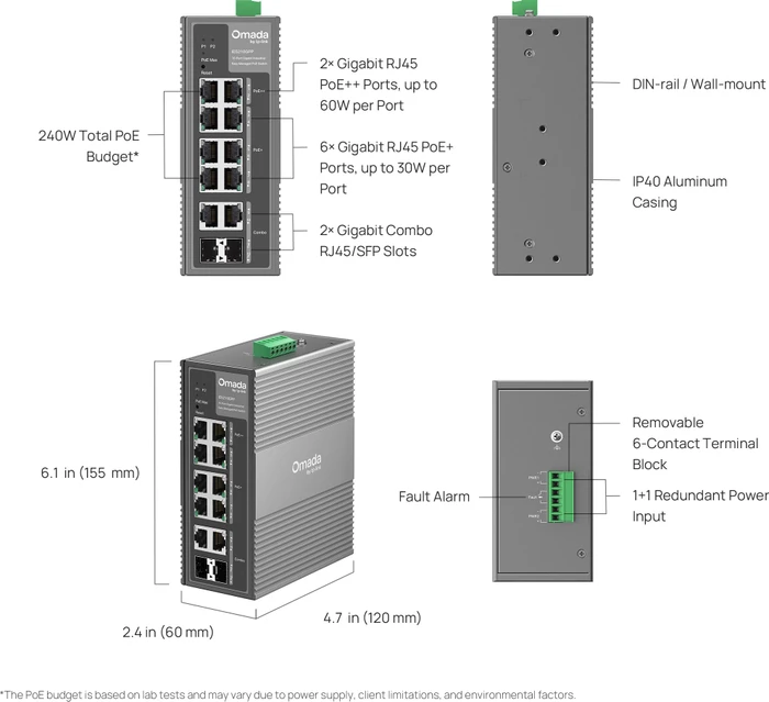 TP-Link Omada IES Industrial Railmount Gigabit Smart Switch, 8x RJ-45, 2x RJ-45/SFP, 240W PoE++