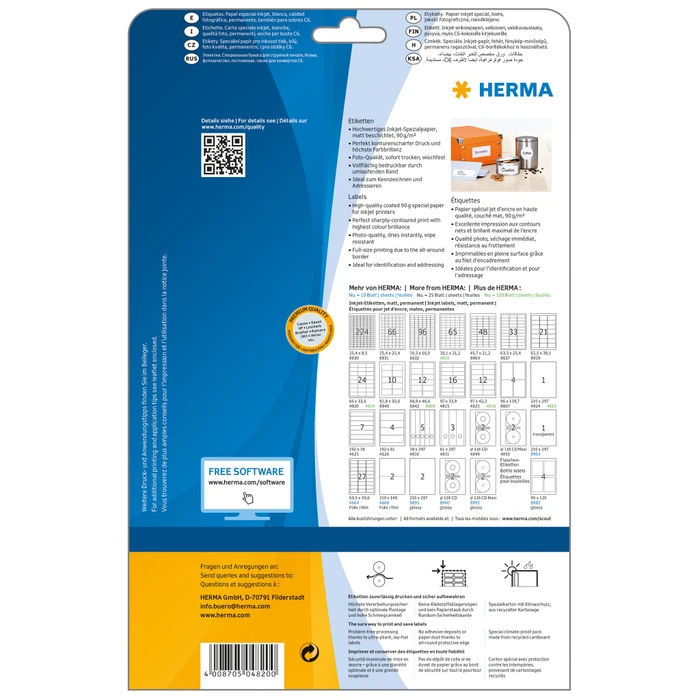 Herma Adressetiketten Inkjet, 66x33.8mm, weiß, matt, 25 Blatt (600 Etiketten)