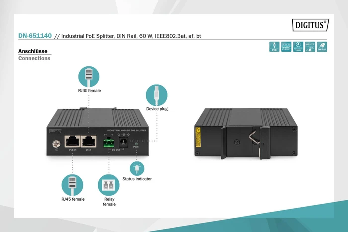 Digitus Industrial Railmount Gigabit PoE-Splitter, 2x RJ-45, PoE++ PD