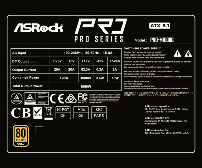 ASRock PRO Series Full Modular Gold PRO-M1000G 1000W, ATX 3.1