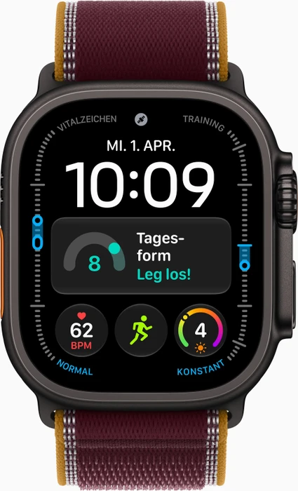 Apple Watch Ultra 4 schwarz mit Trail Loop M/L burgunder