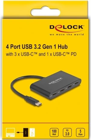DeLOCK 3-Port USB-C-Hub mit PD, 3x USB-C 3.0, USB-C 3.0 [Stecker]
