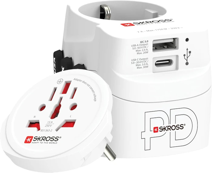 Skross World Travel Adapter PRO Light USB AC30PD - World, 1x USB-A, 1x USB-C