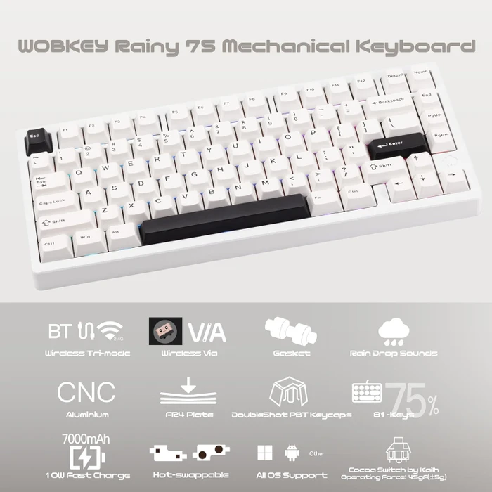 Wobkey Rainy 75 Pro, Luna weiß, LEDs RGB, Kailh Cocoa, USB/Bluetooth, US