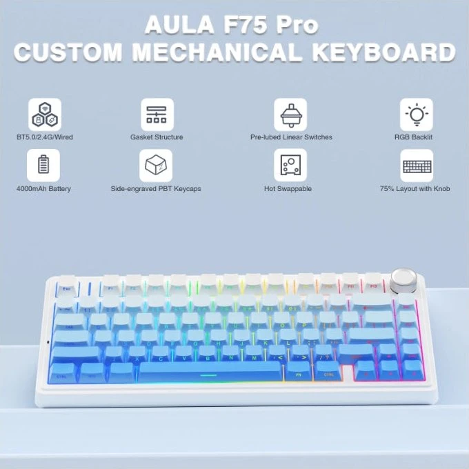 Aula F75 Pro, Gradient Blue, LEDs RGB, hot-swap, LEOBOG Seiya Star Vector, USB/Bluetooth, US