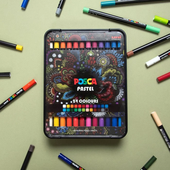 Uni-Ball POSCA Pastel KPA-100 Pastell Wachsmalstift sortiert, Metalletui, 24er-Set