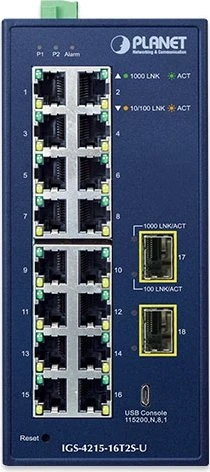 Planet IGS-4215 Industrial Railmount Gigabit Managed Switch, 16x RJ-45, 2x SFP
