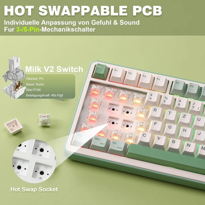 Yunzii B75 Pro, Matcha Green, beige, Milk Switch, USB/Bluetooth, DE