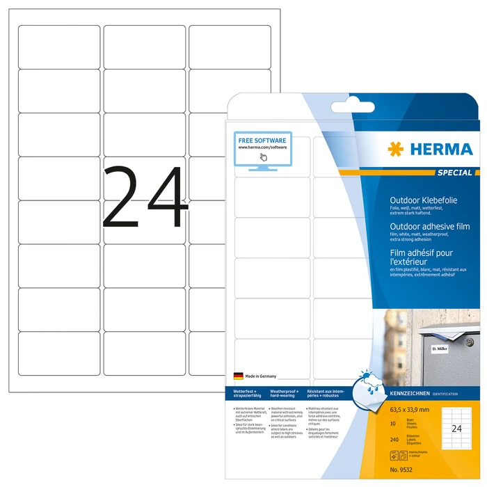Herma Etiketten Outdoor, 63.5x33.9mm, wetterfest, weiß, matt, 10 Blatt (240 Etiketten)