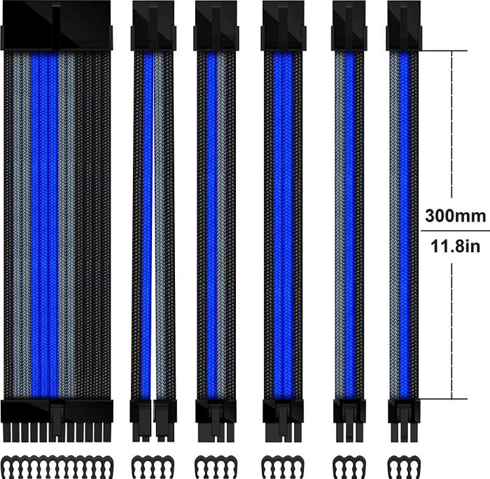 EZDIY-FAB Cable Extension Kit, 1x 24-Pin, 1x 4/8-Pin ATX, 2x 6-Pin PCIe, 16AWG, 2x 8-Pin PCIe, 16 AWG Nylon, blau/grau/schwarz