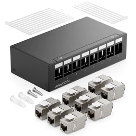 deleyCON Patchpanel Gehäuse für Keystone Module, 1HE, inkl. RJ-45 Cat6a Module, 8-Port, 1HE