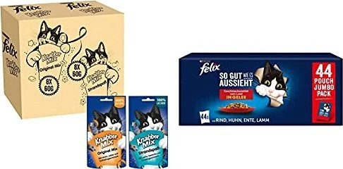 Purina Felix So gut wie es aussieht Gemischte Vielfalt in Gelee, Multi Pack mit Rind, Huhn, Ente und Lamm, 3.74kg (44x 85g)