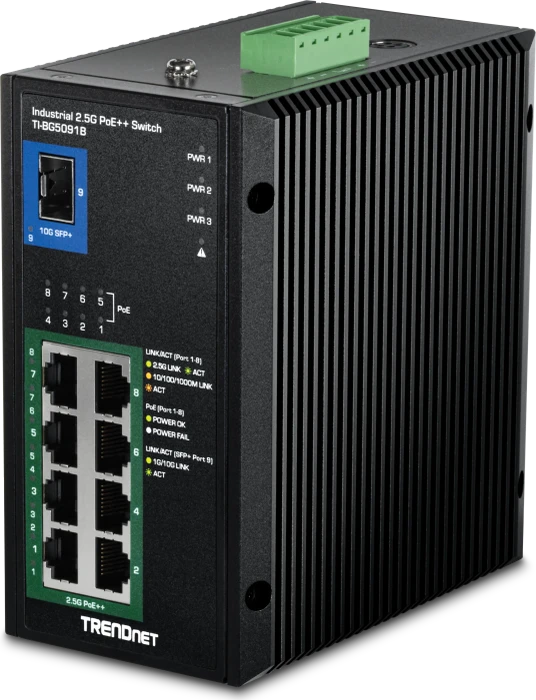 TRENDnet TI Hardened Industrial Railmount 2.5G Switch, 8x RJ-45, 1x SFP+, 480W PoE++