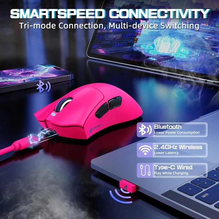 Attack Shark V3 PRO Tri-mode Wireless Gaming Mouse mit Ladestation, BerryRed, USB/Bluetooth