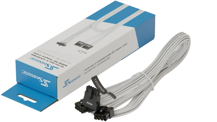 Seasonic 12VHPWR Cable, 600W PCIe 5.0 12VHPWR, 2x 8-Pin PCIe Stecker auf 16-Pin PCIe 5.0 12VHPWR Stecker, Adapterkabel, weiß, 90° gewinkelt, 75cm