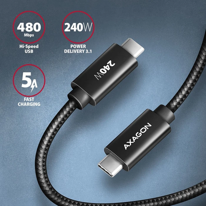 Axagon USB-C Kabel, Charge, USB 2.0, 480Mb/s, 240W PD EPR, USB-C [Stecker] auf USB-C [Stecker], 2.5m