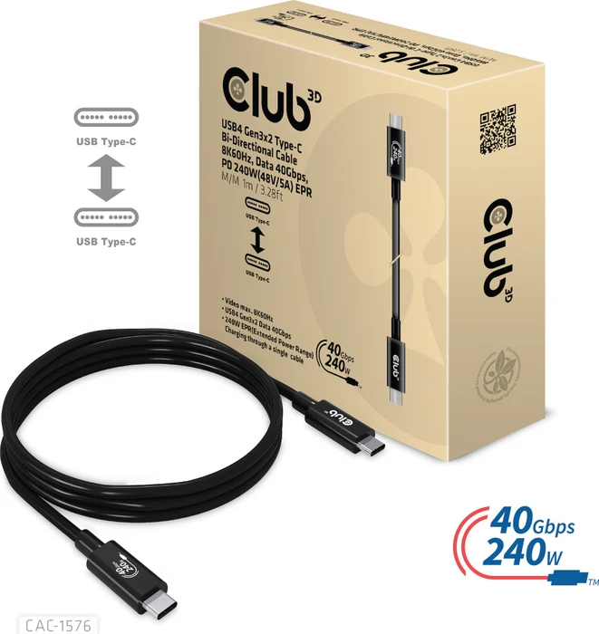 Club 3D USB-C Kabel, USB4 Gen3x2, 40Gb/s, 8K60Hz, 240W PD EPR, USB-C Stecker auf USB-C Stecker, 1m