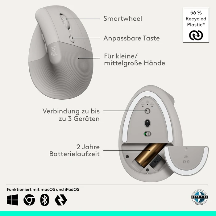 Logitech Lift Vertical Ergonomic Mouse, Sand, Logi Bolt, USB/Bluetooth