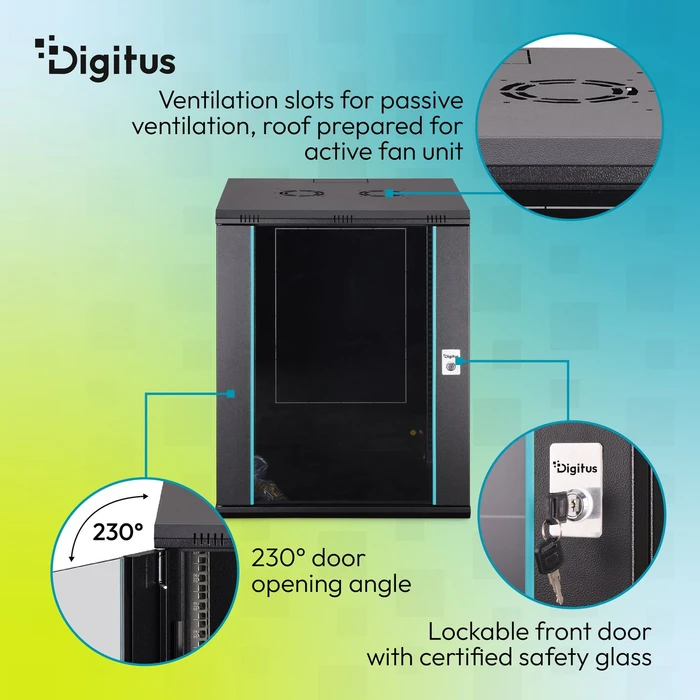 Digitus Dynamic-N Serie 19" Wandgehäuse 16HE, unmontiert, Sicherheitsglastür, IP2X, RAL 9005, 600mm tief
