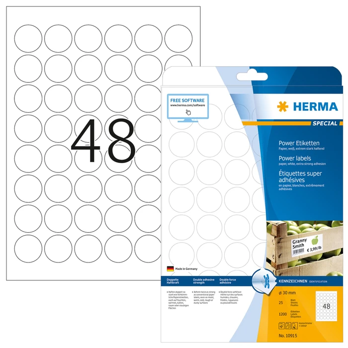 Herma Poweretiketten rund, 30mm, weiß, matt, 25 Blatt (1200 Etiketten)