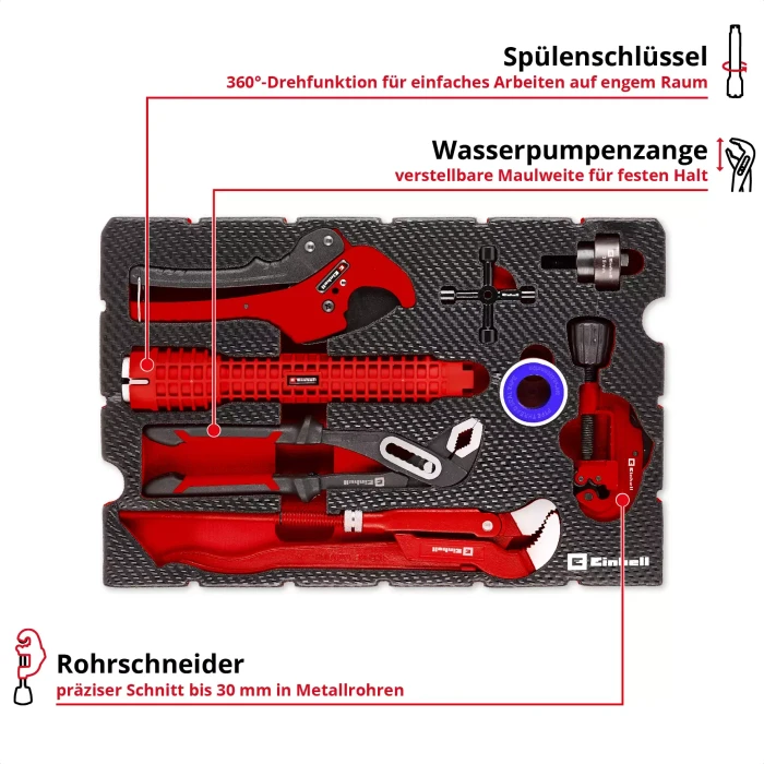 Einhell E-Case Inlay Sanitärinstallation Handwerkzeugset, 8-tlg.