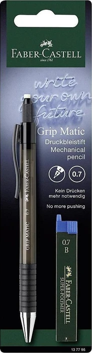 Faber-Castell Grip Matic 1377 Druckbleistift 0.7mm graphit, schwarz transparent, Blister, Radierer, 12 Minen