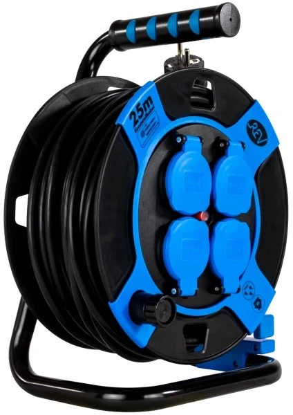 REV Ritter Kabeltrommel Kompakt Kunststoff, Schuko auf 4x Schuko, 25m, IP44, H05VV-F 3G1,5