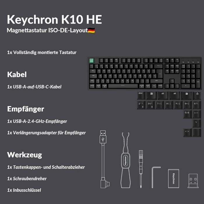 Keychron K10 HE Wireless, schwarz, LEDs RGB, Gateron 2.0 Magnetic Nebula, USB/Bluetooth, DE